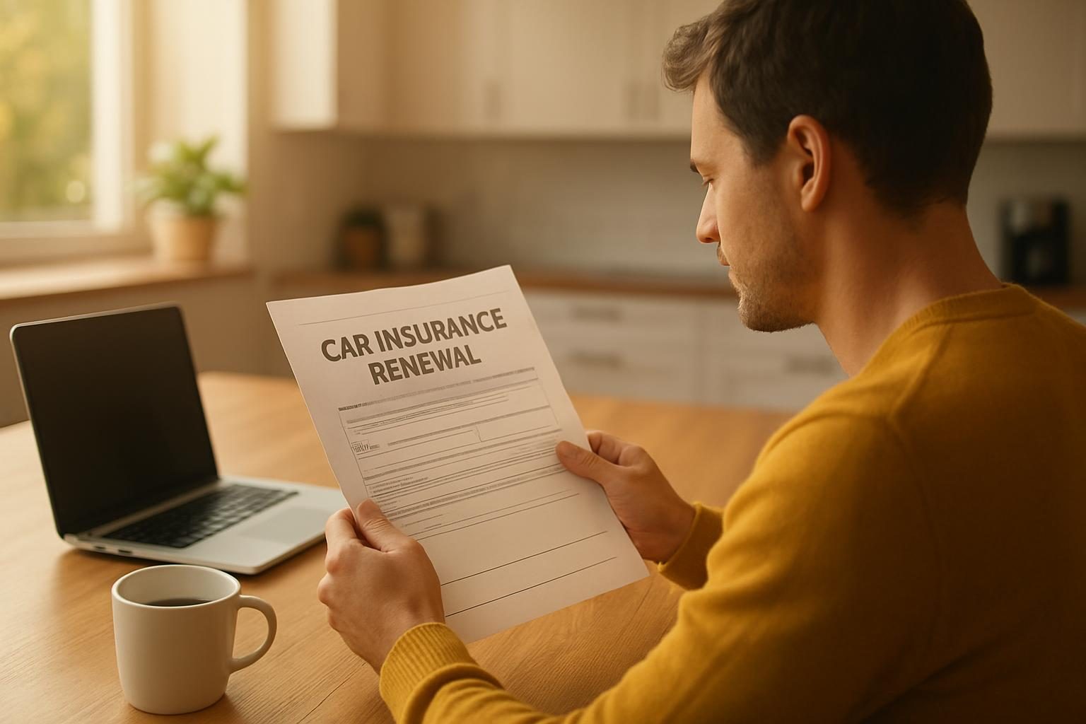 Person at a kitchen table reviewing a paper bill to compare the average car insurance cost with their own rate
