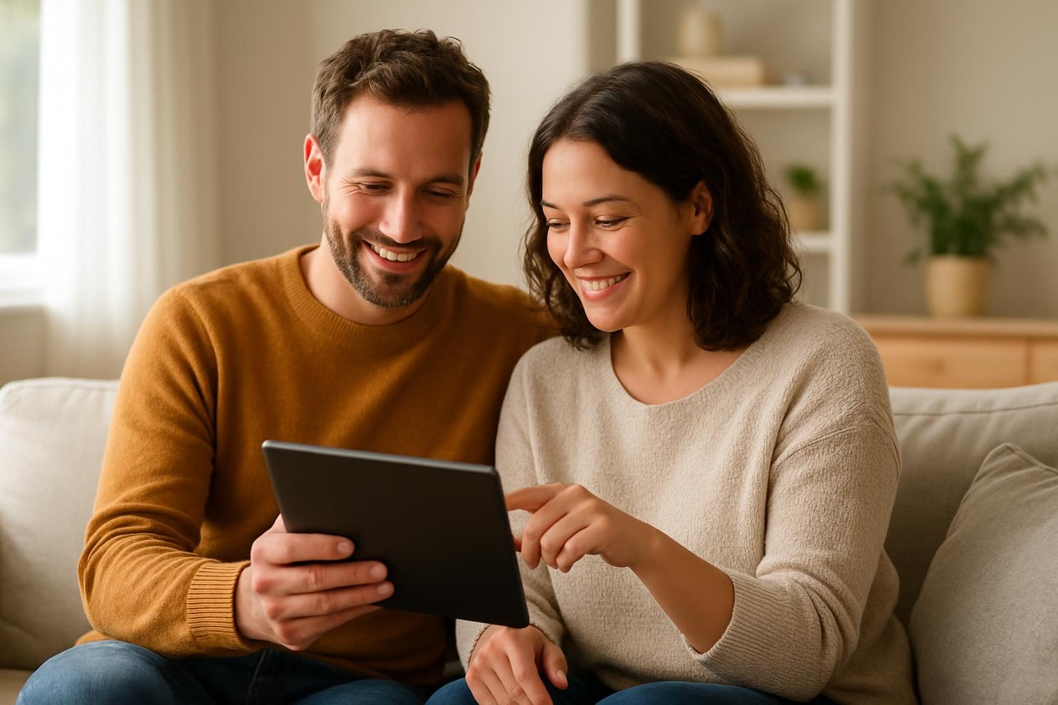 Couple on a sofa comparing car insurance quotes together on a tablet