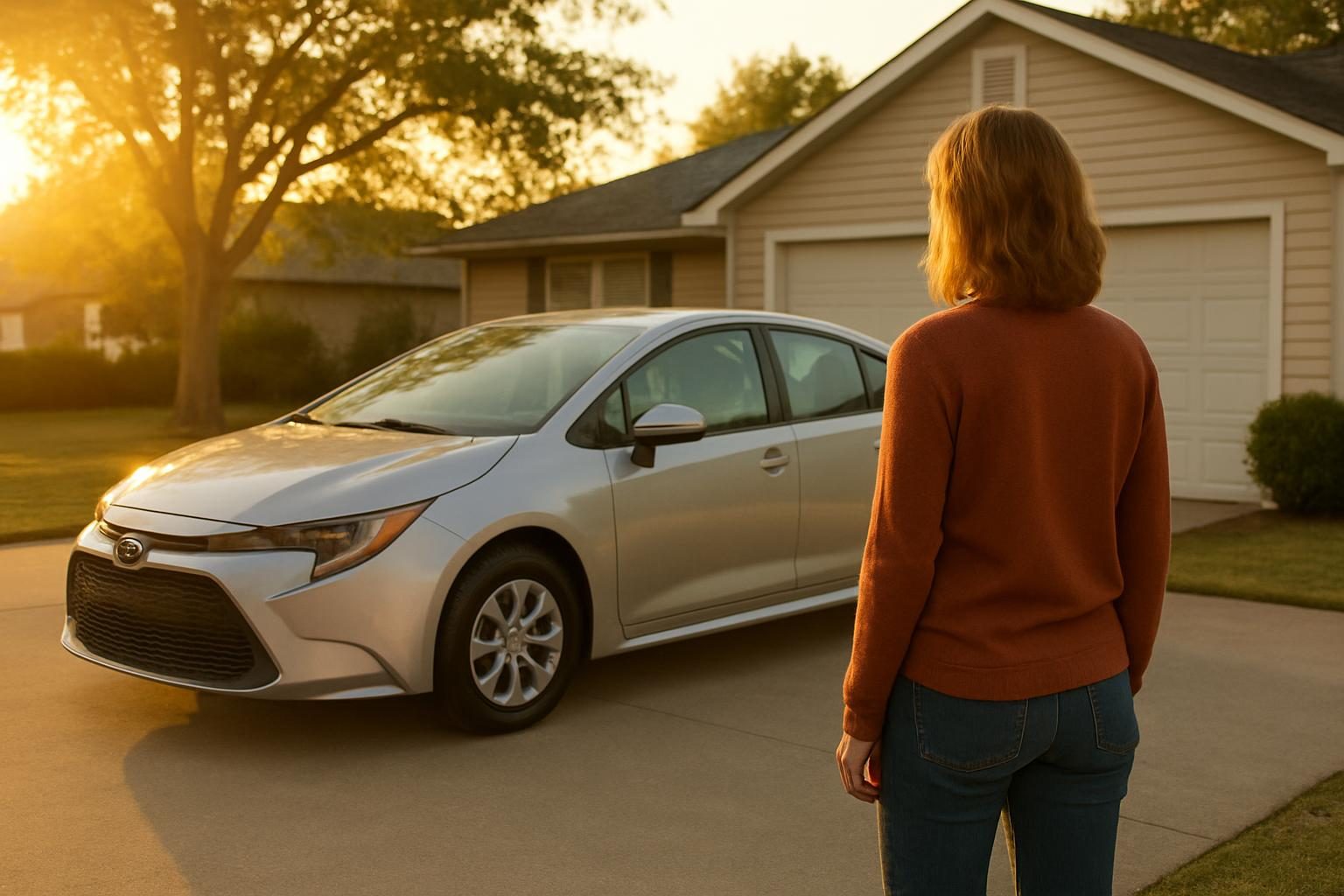 Family car parked in a suburban driveway at golden hour