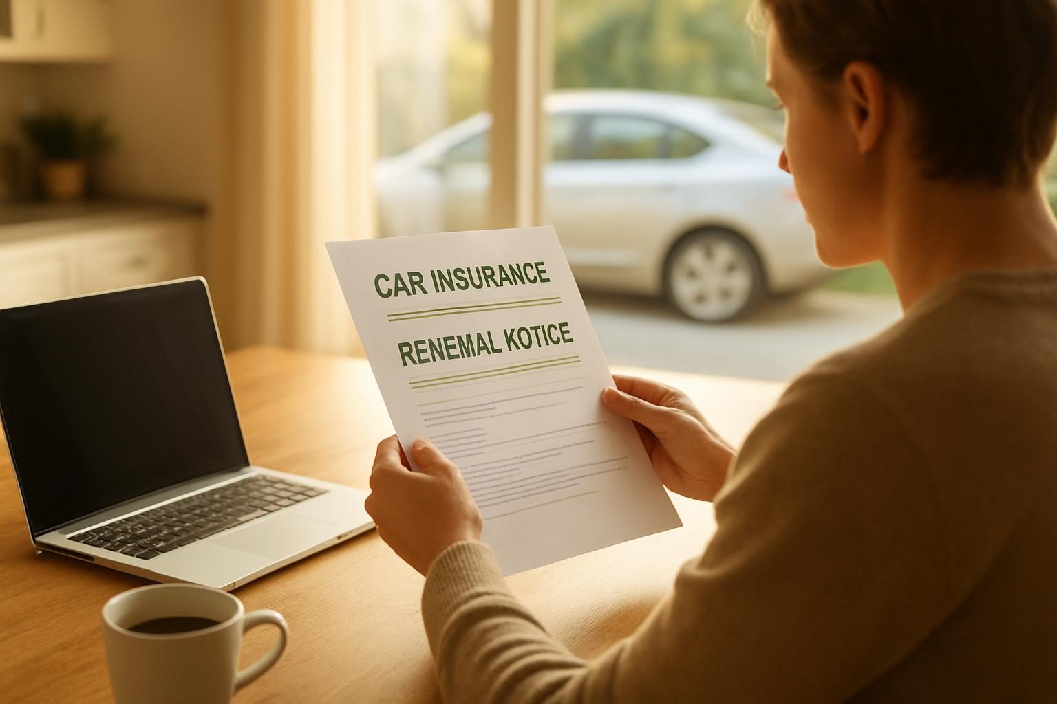 Person at a kitchen table reviewing paperwork to find car insurance discounts