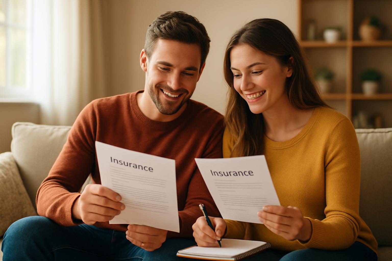 Couple comparing two car insurance quotes at home on a sofa