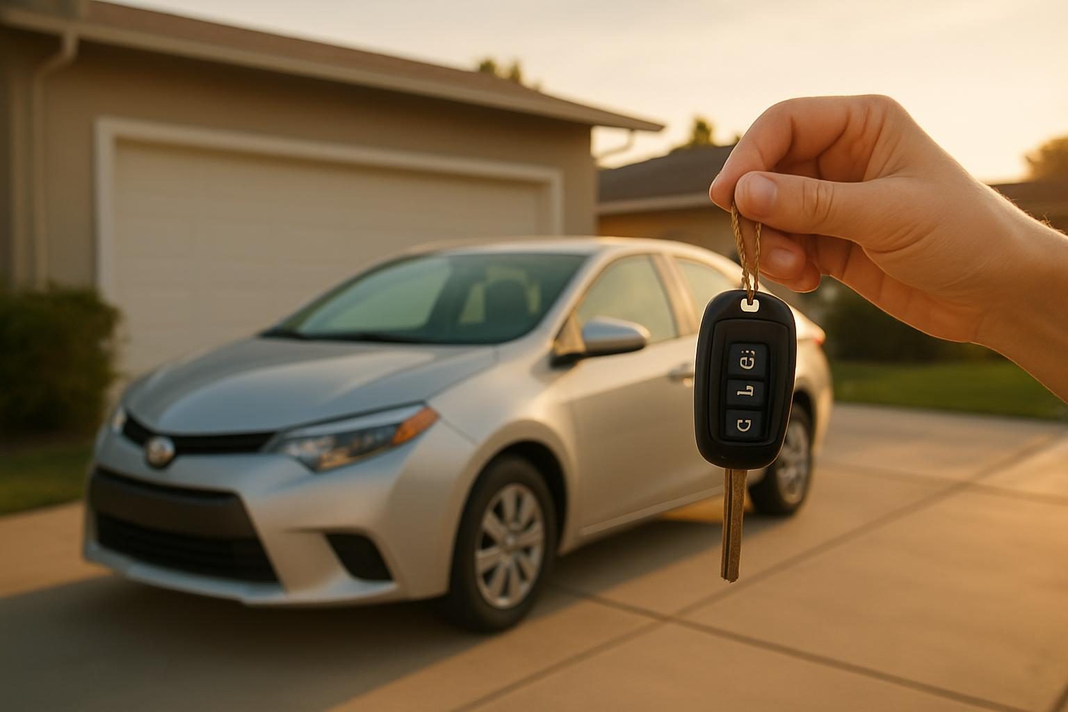 Family car parked in a driveway at golden hour