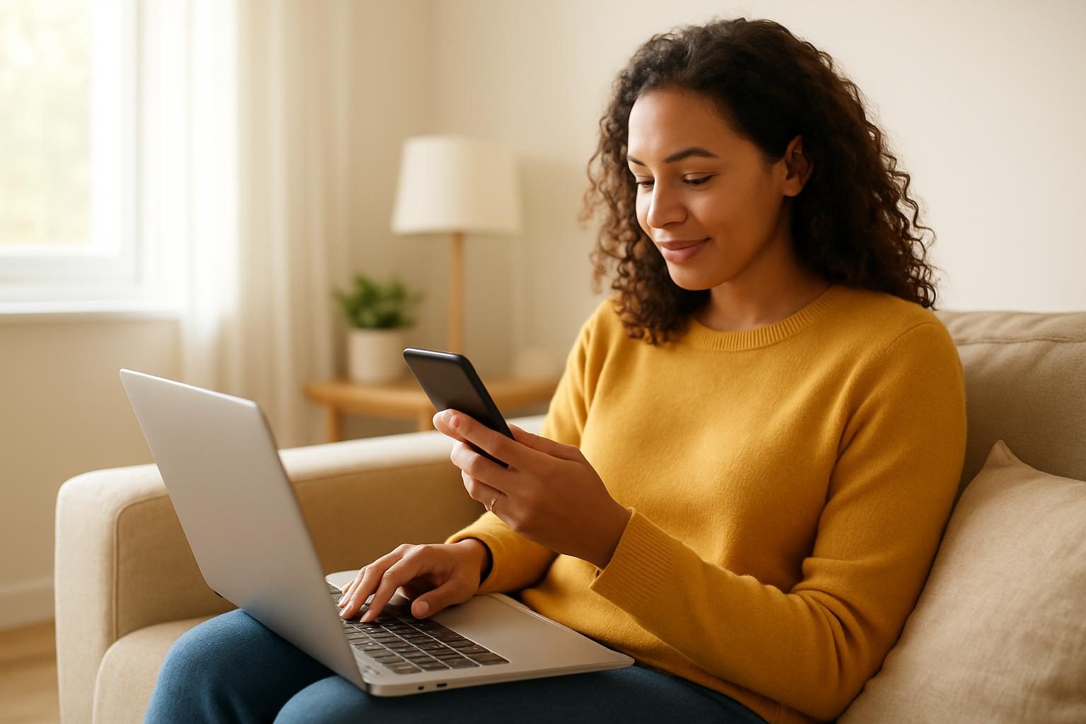Person comparing the cheapest cell phone plans on a laptop and smartphone at home