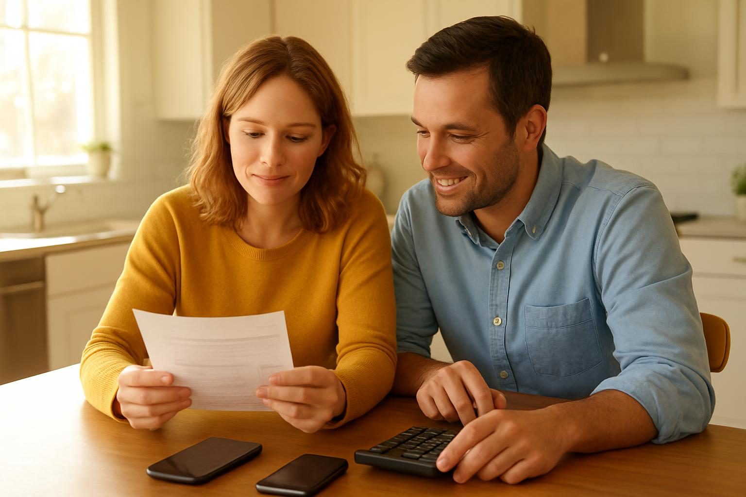 Couple reviewing a monthly phone bill at a kitchen table with a calculator