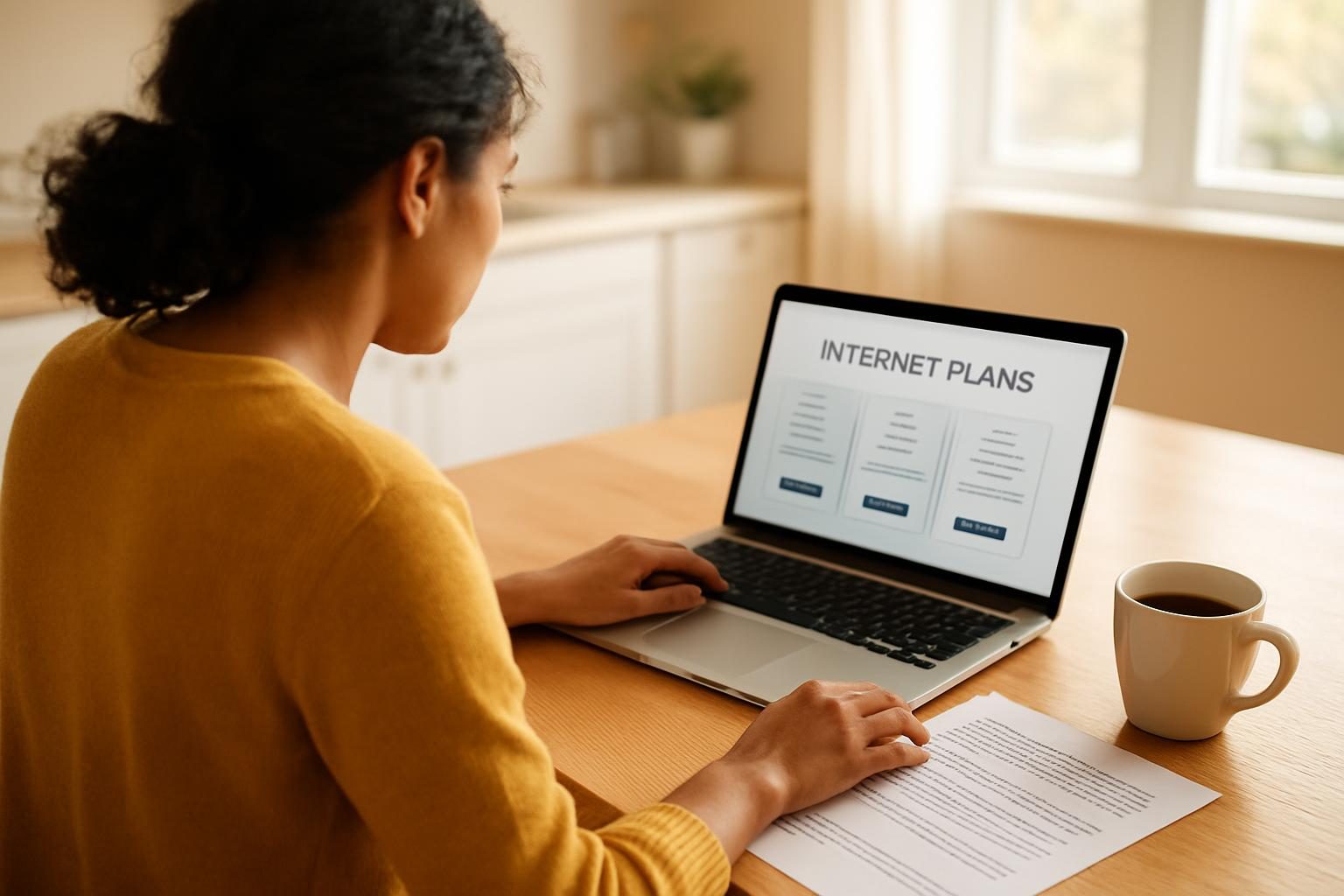Person at a kitchen table comparing the cheapest internet providers on a laptop and a paper bill