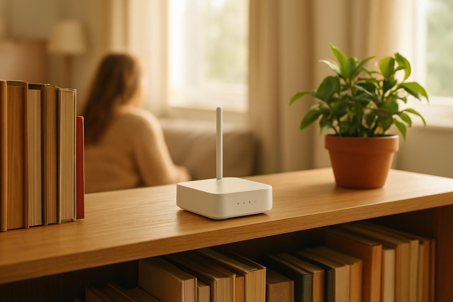 Home Wi-Fi router on a bookshelf in a cozy living room