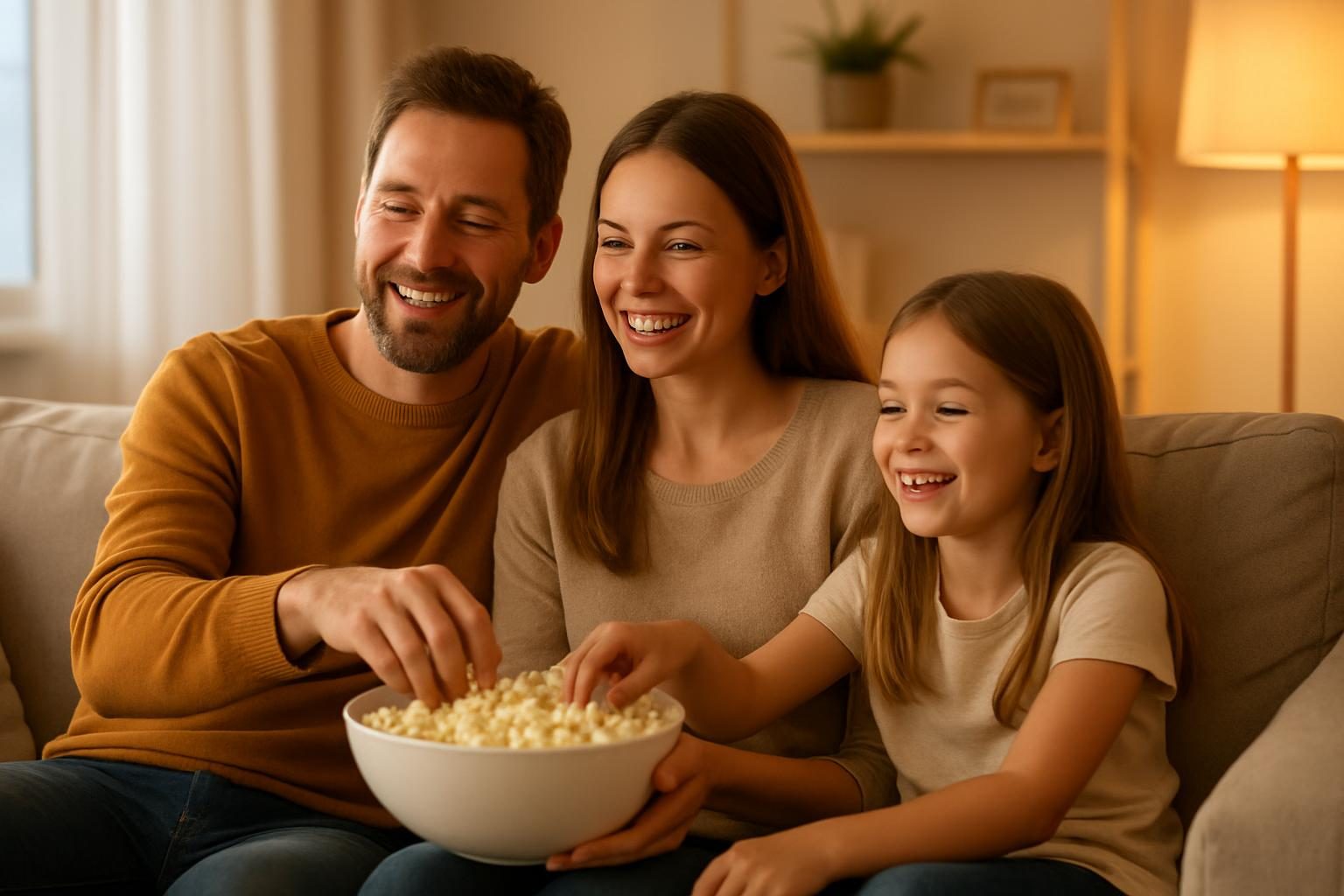 Family streaming a movie together on a living room couch