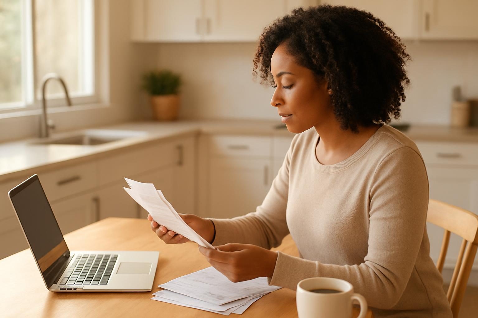 Person at a kitchen table reviewing paper bills to find help paying bills