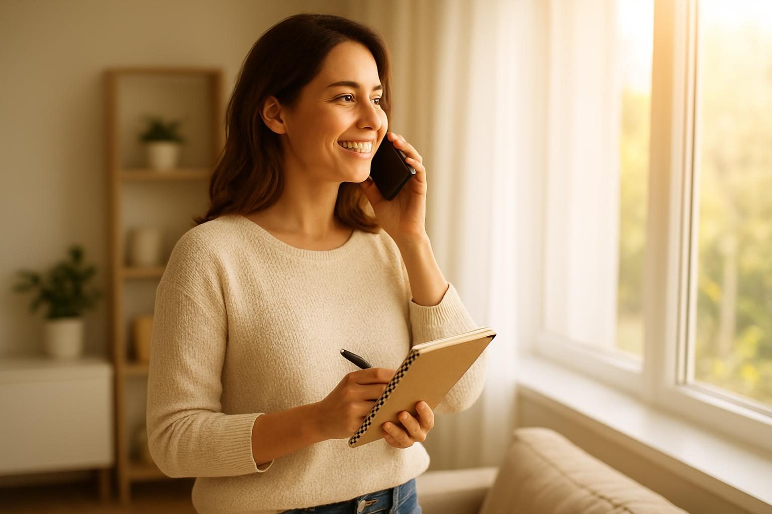 Woman making a phone call by a window to negotiate a household bill