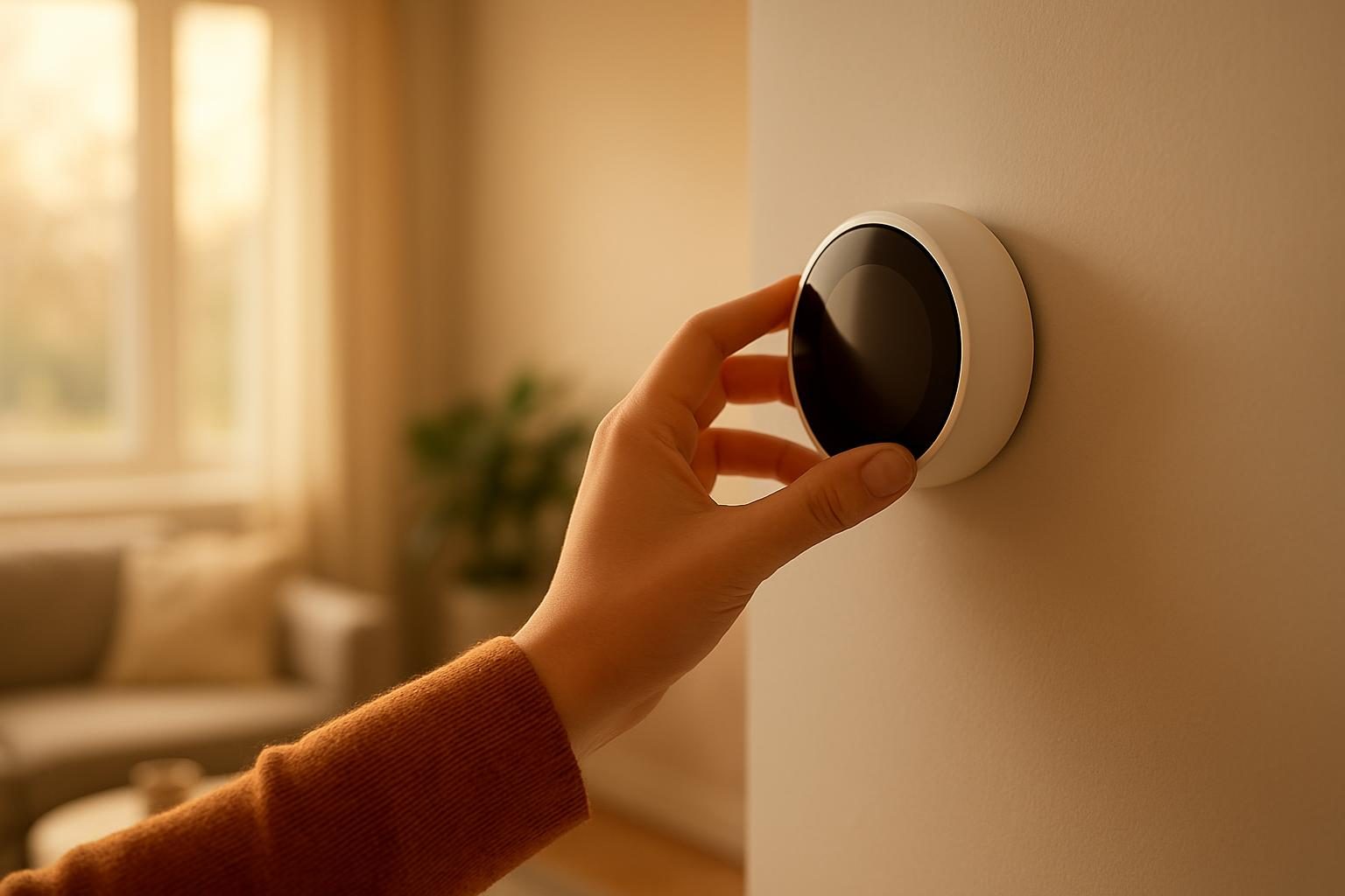 Hand adjusting a smart thermostat to lower an energy bill