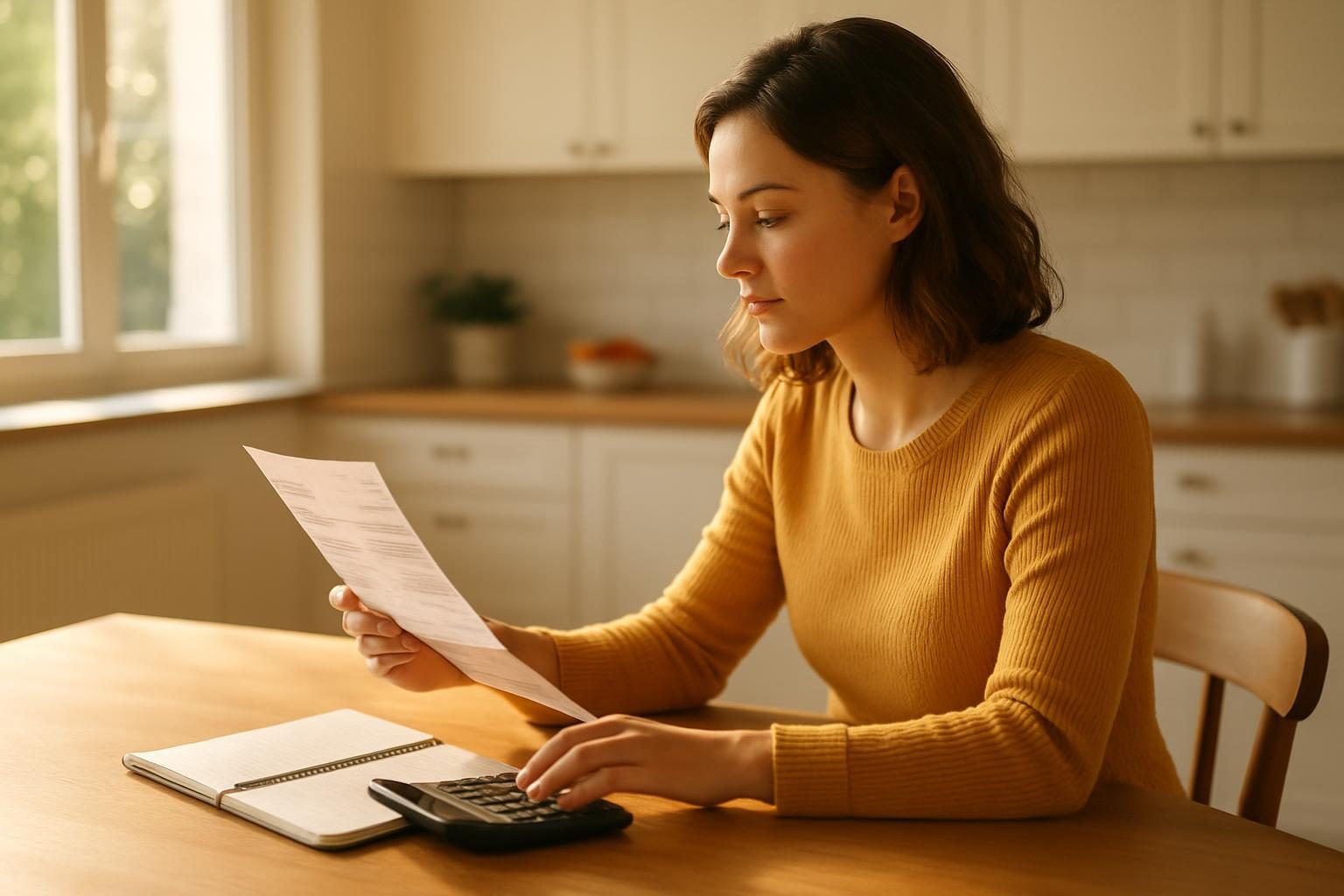Woman at kitchen table reviewing paperwork to get help paying her electric bill