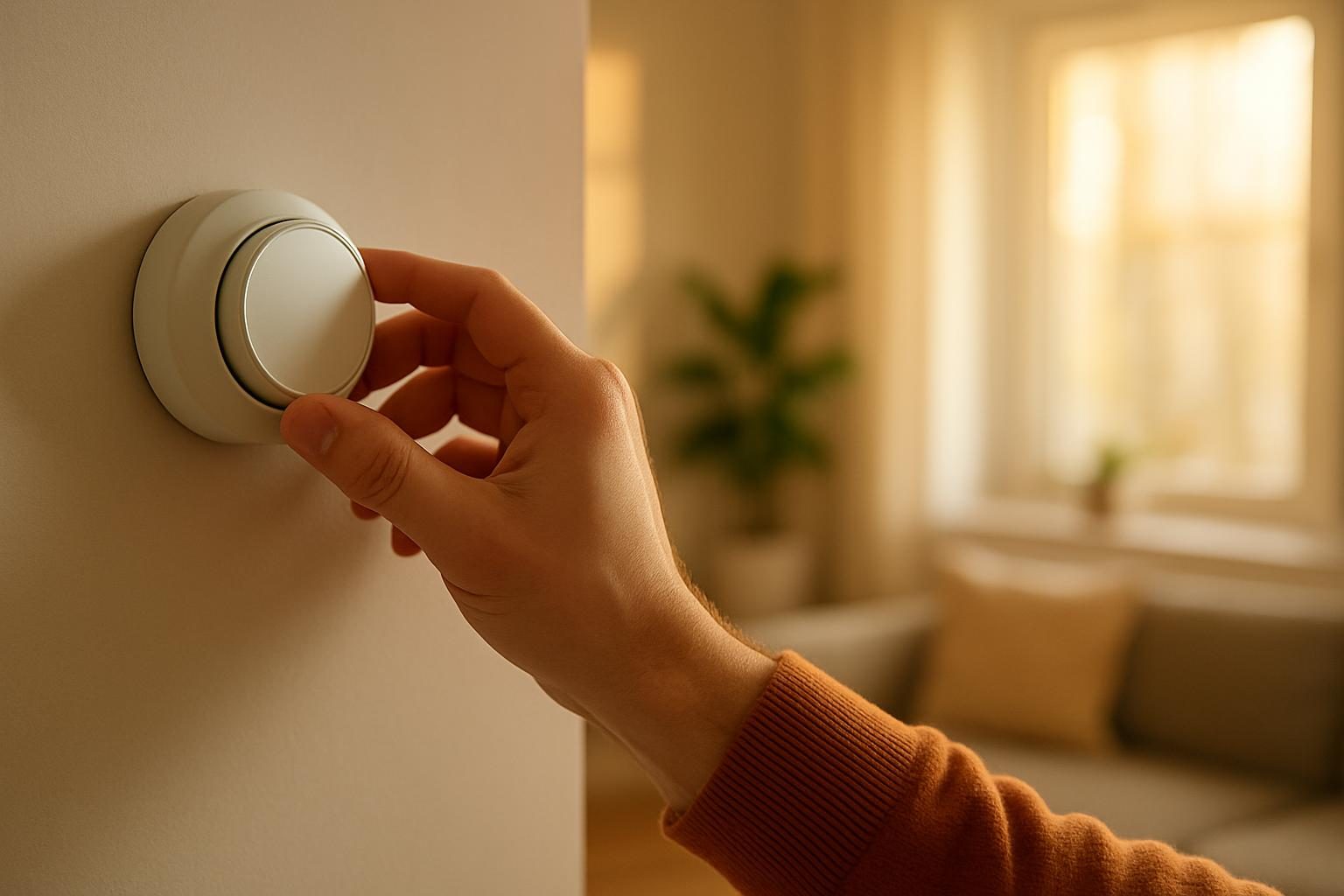 Hand adjusting a thermostat to lower home energy use and electric costs