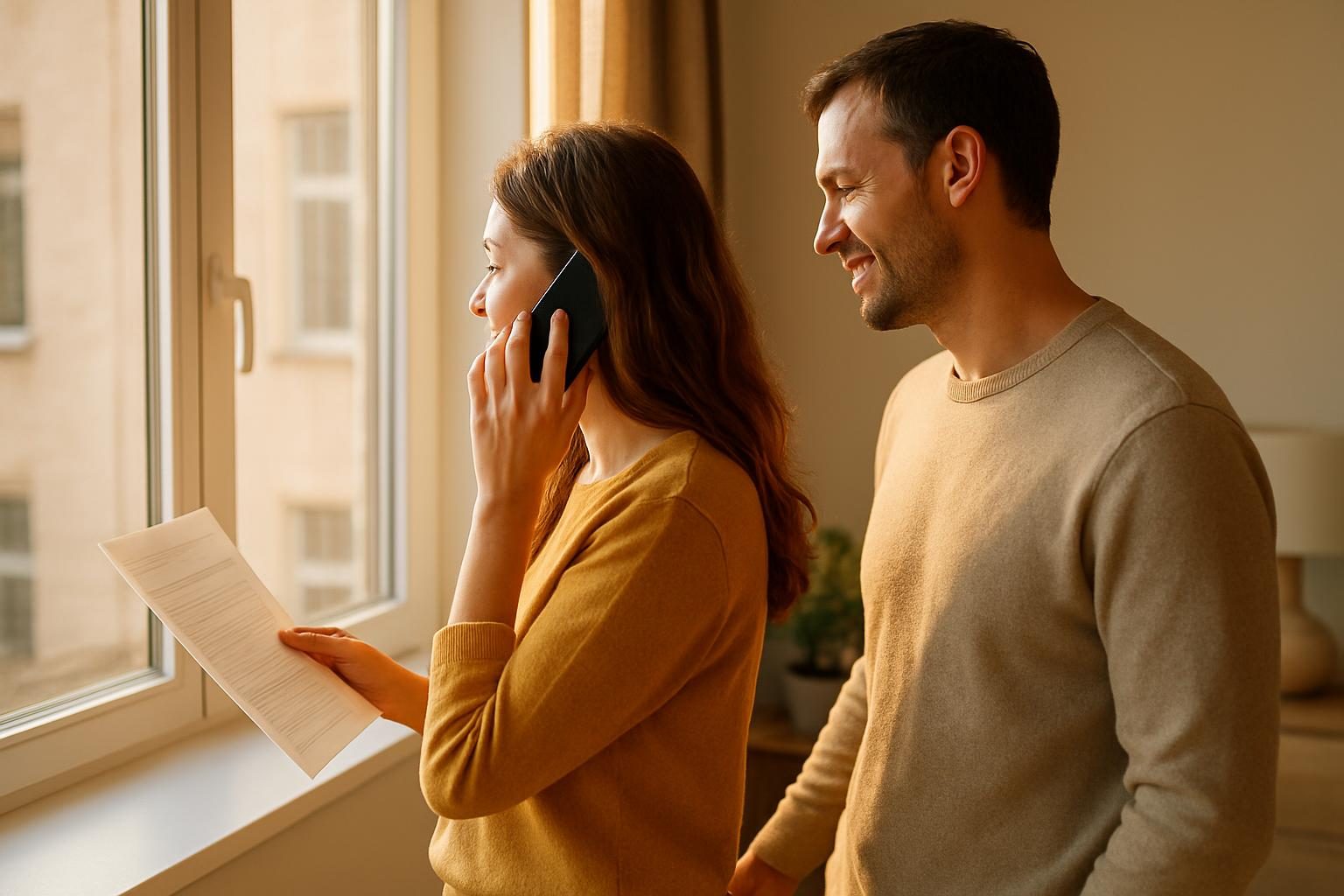 Couple on a phone call with an insurer reviewing a renters policy