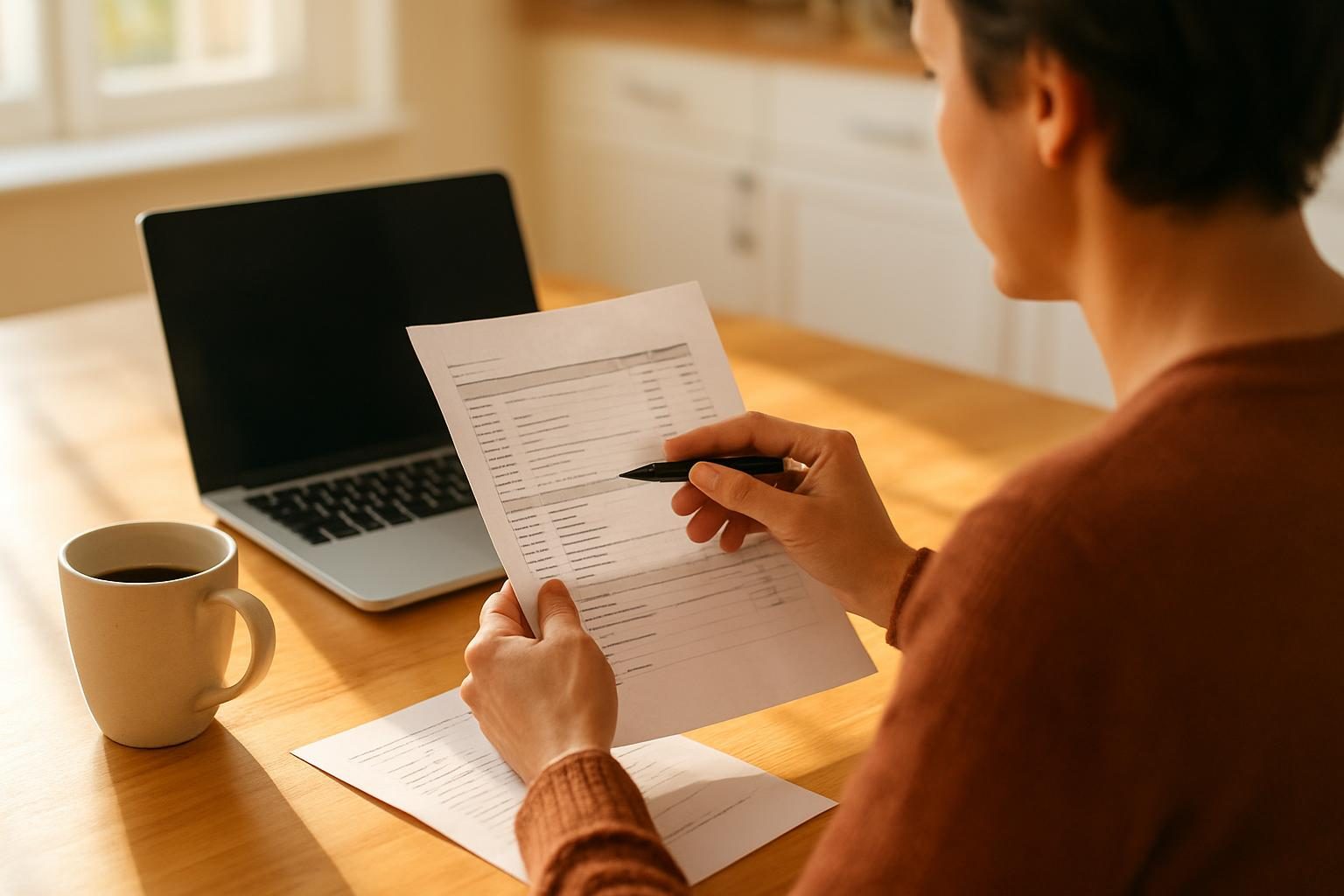 Person at a kitchen table reviewing statements to learn how to cut subscription costs