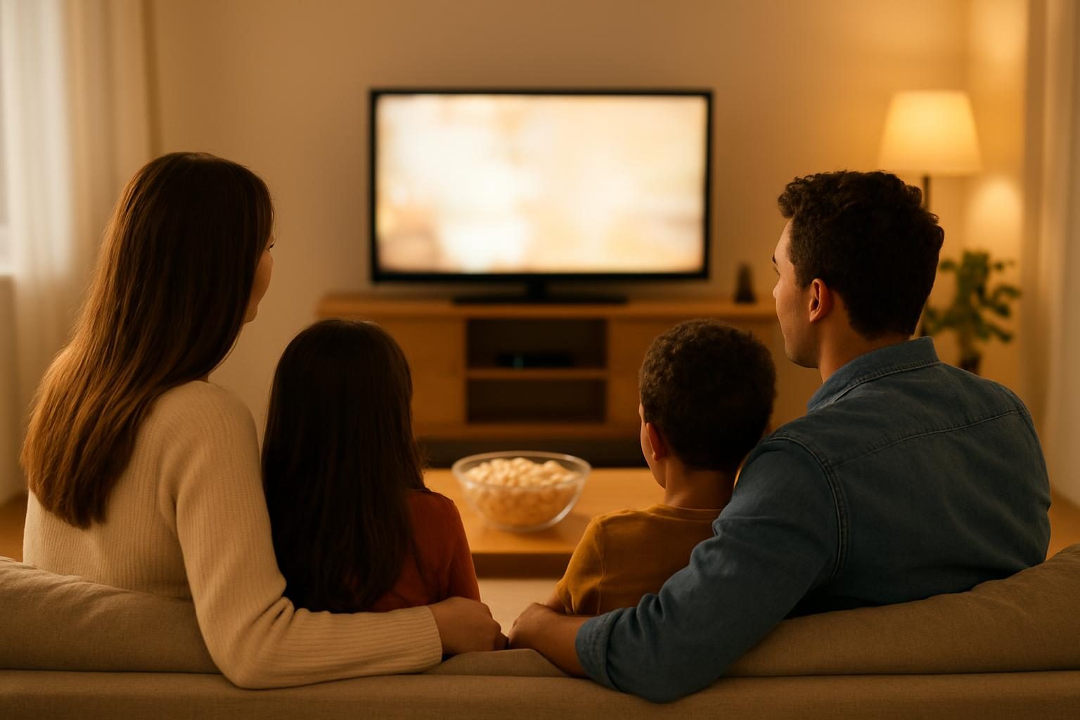 Family streaming a movie together in a cozy living room
