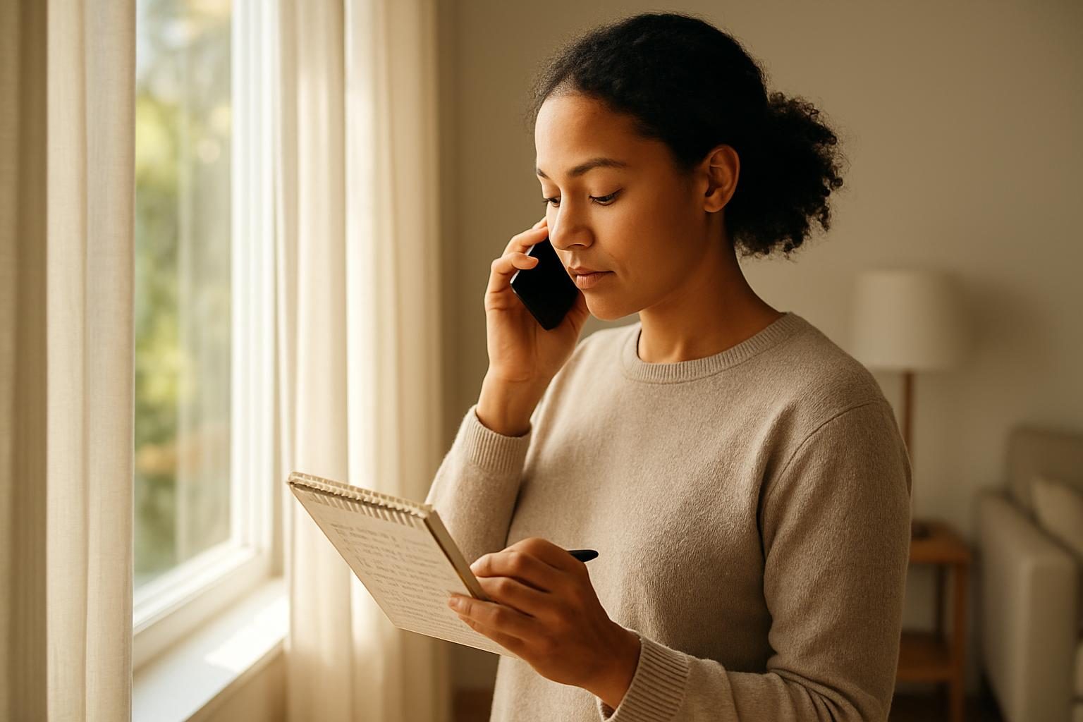Person on a phone call by a window preparing to cancel a service