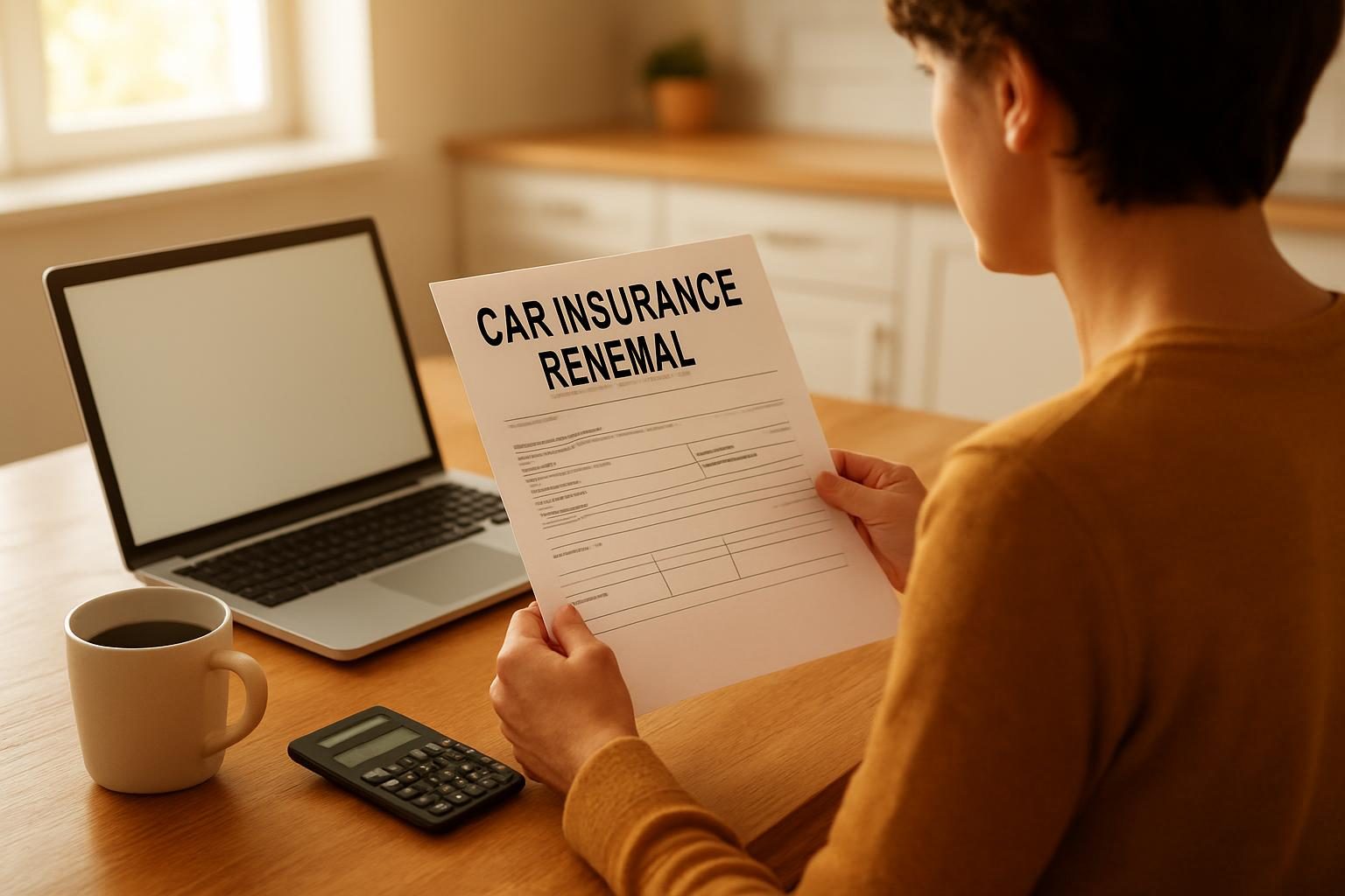 Person at a kitchen table comparing options to lower car insurance