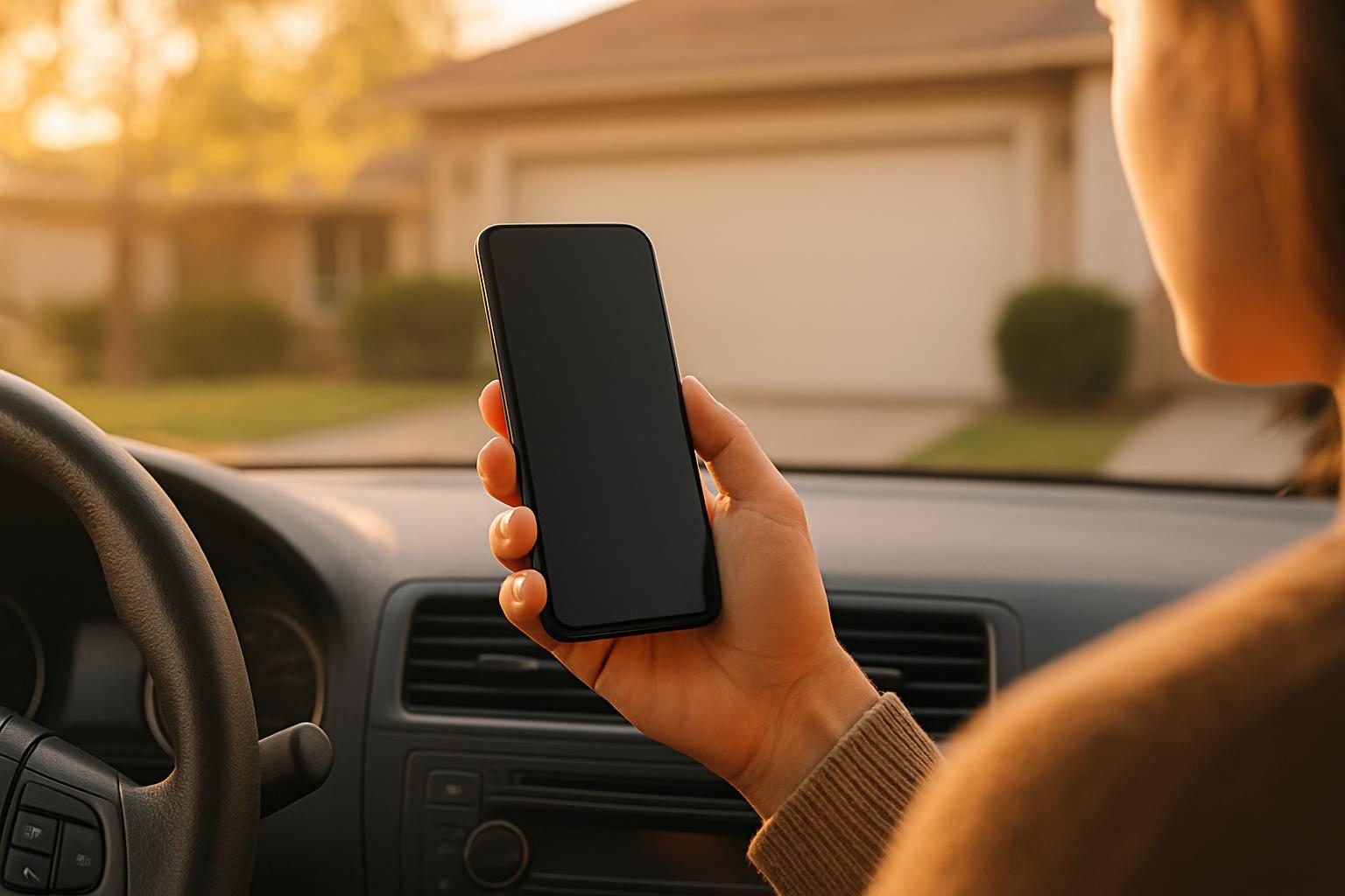 Driver holding a phone in a parked car at golden hour