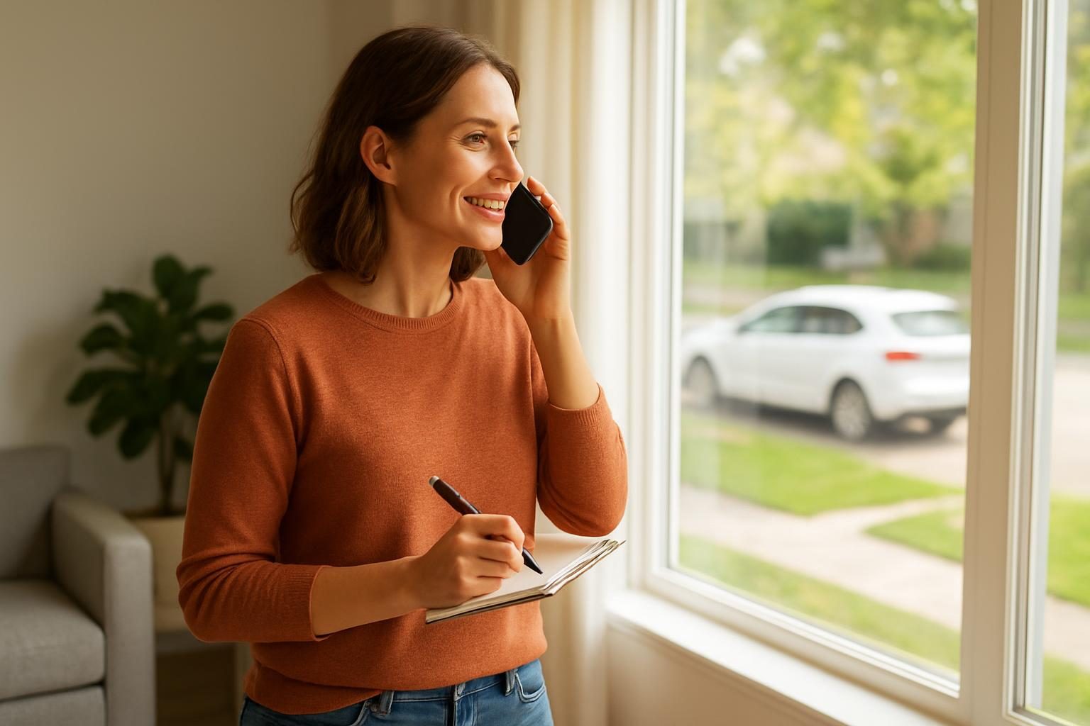 Person calling an insurer by a window with a notepad in hand