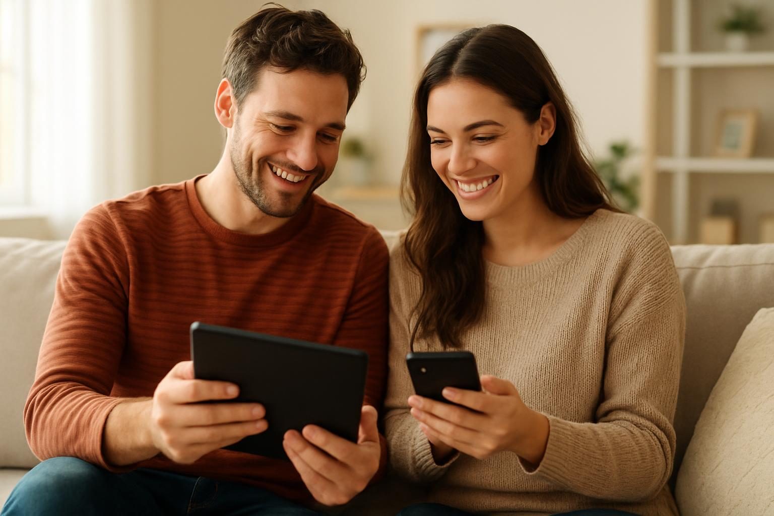 Couple comparing cell phone plans together on a sofa