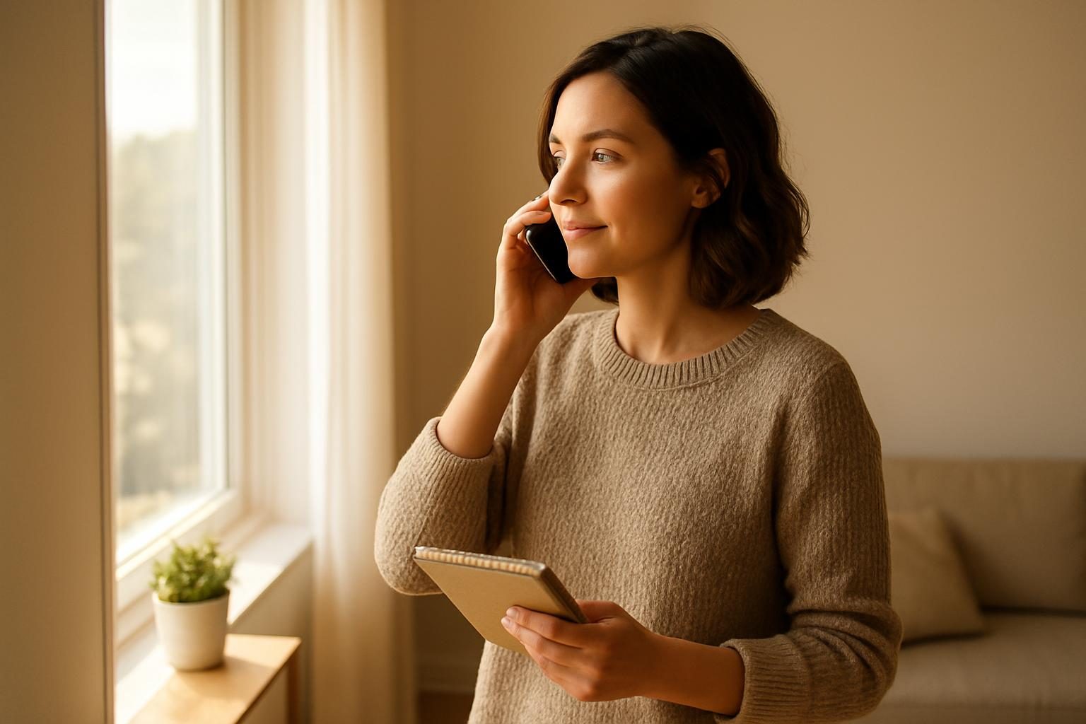 Woman on a phone call by a window negotiating her wireless plan
