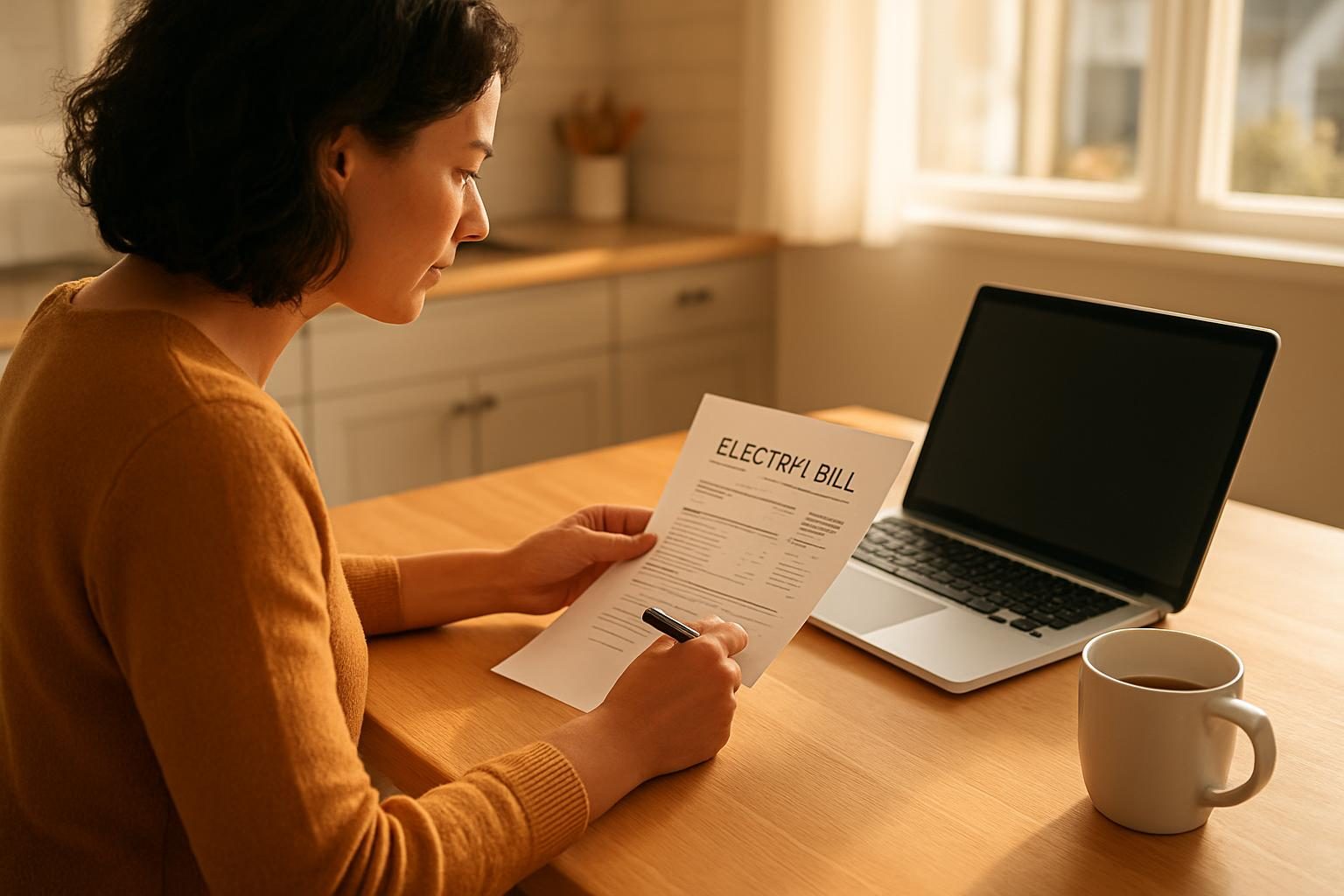 Person at a kitchen table reviewing a paper bill to learn how to lower your electric bill