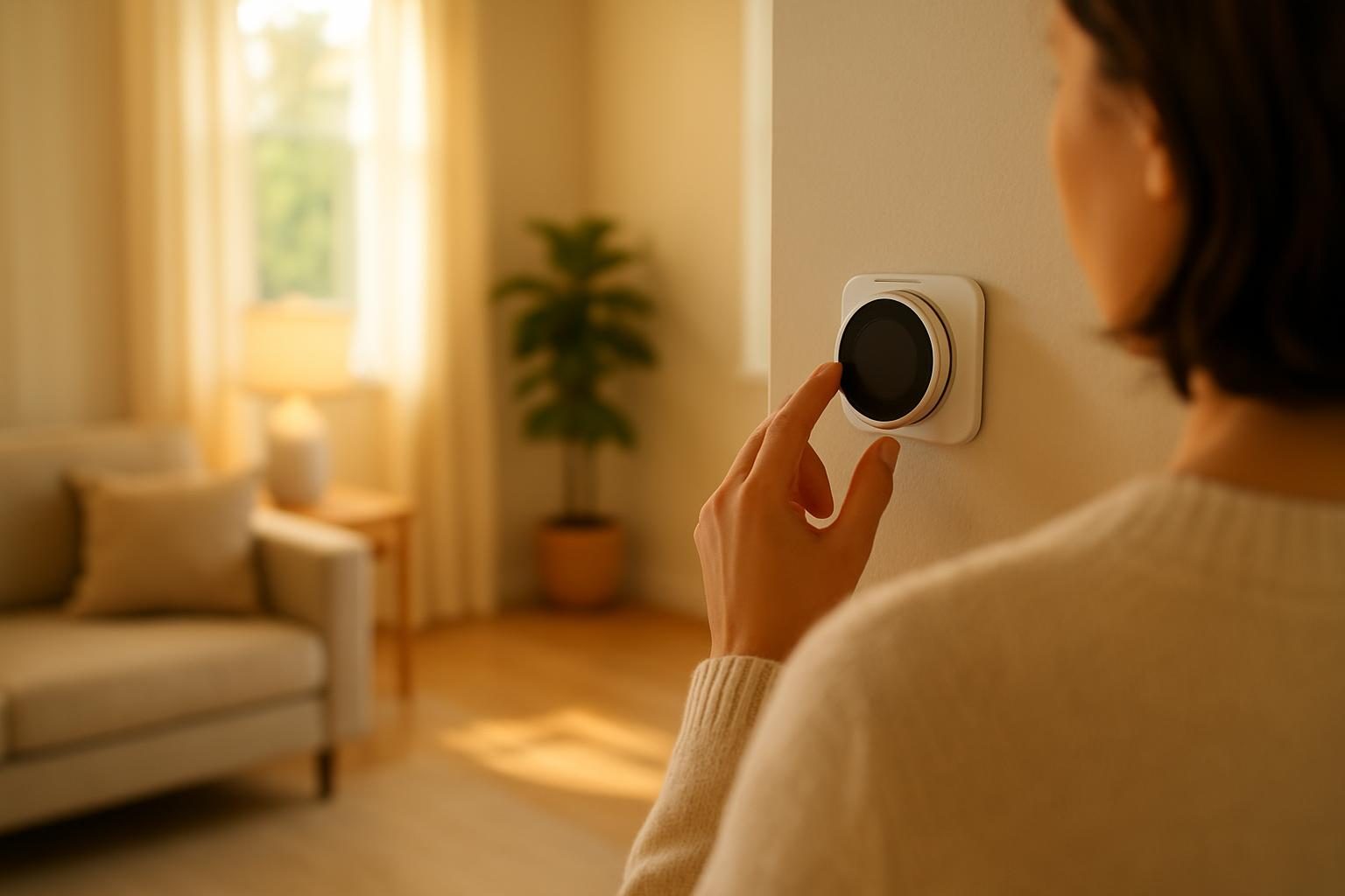Hand adjusting a wall thermostat in a cozy living room