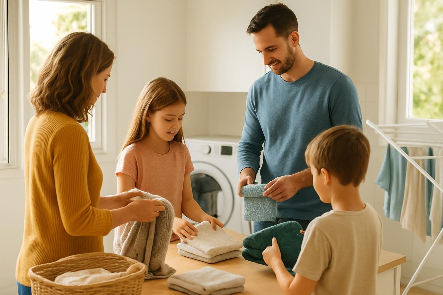 Family doing laundry in a bright room with a drying rack