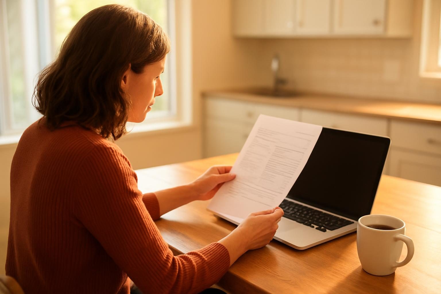 Person at a kitchen table reviewing a bill to lower their internet bill