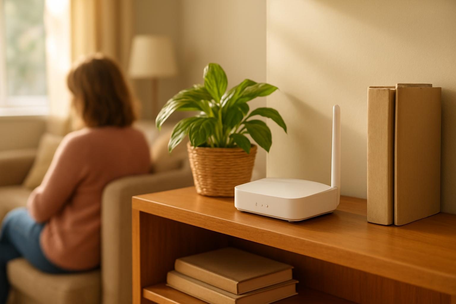 Home Wi-Fi router on a bookshelf in a living room