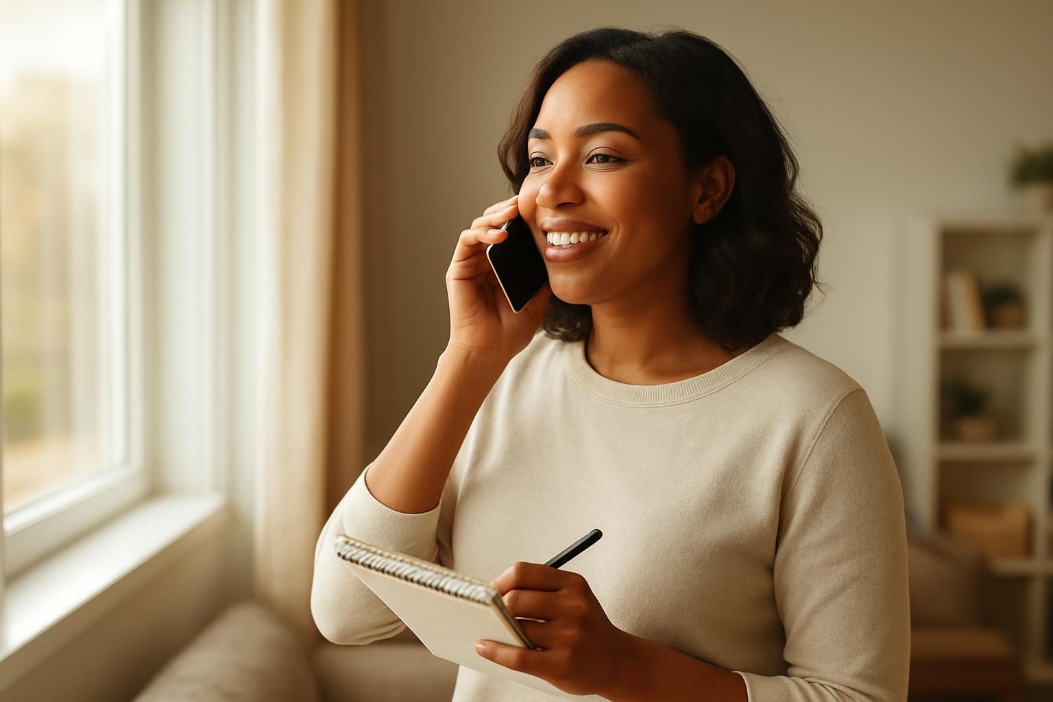 Woman on a phone call by a window negotiating her internet service