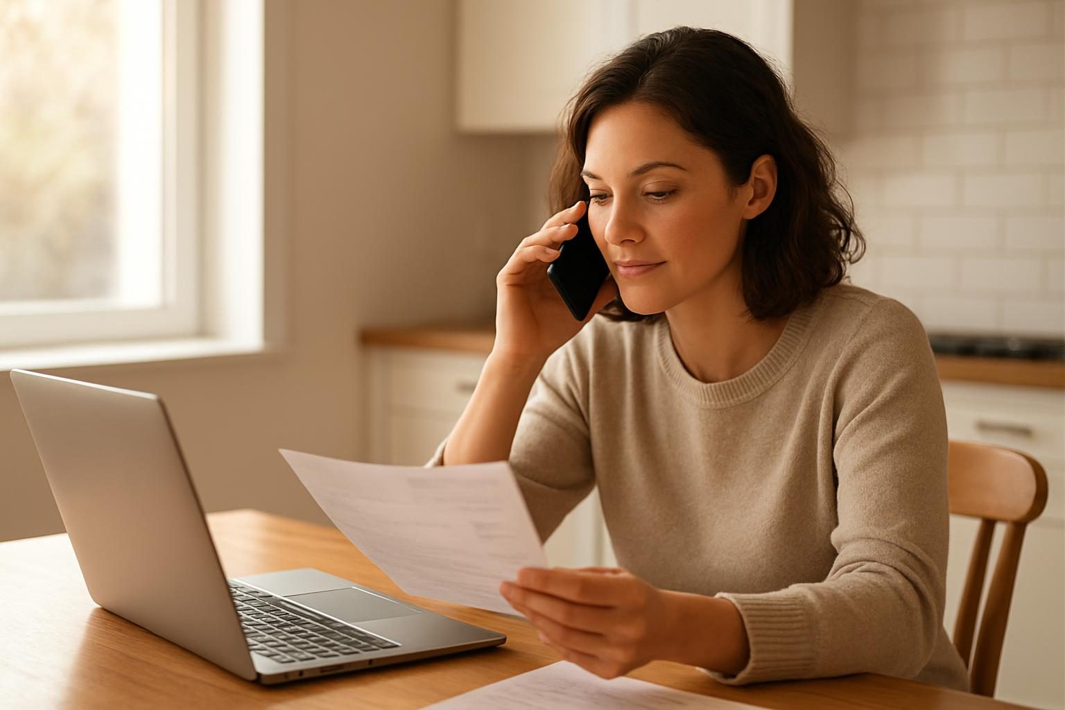 Person at a kitchen table preparing to learn how to negotiate bills with a paper statement and laptop