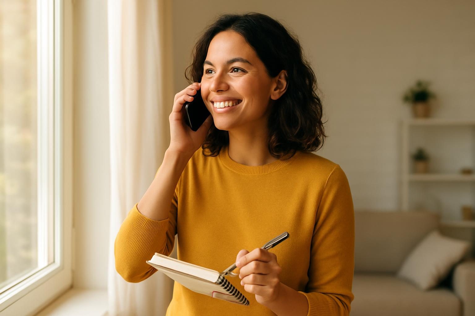 Woman on a phone call by a window negotiating a bill with notes in hand