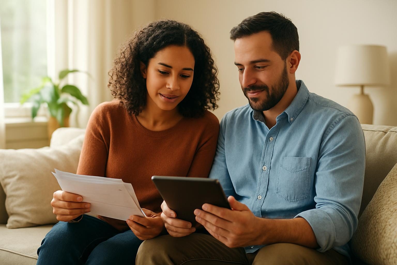 Couple on a sofa reviewing their monthly bills together to find savings