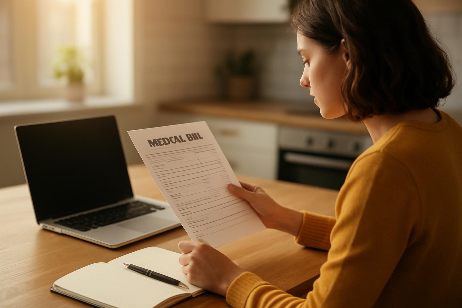 Person reviewing a paper bill at a kitchen table to learn how to negotiate medical bills