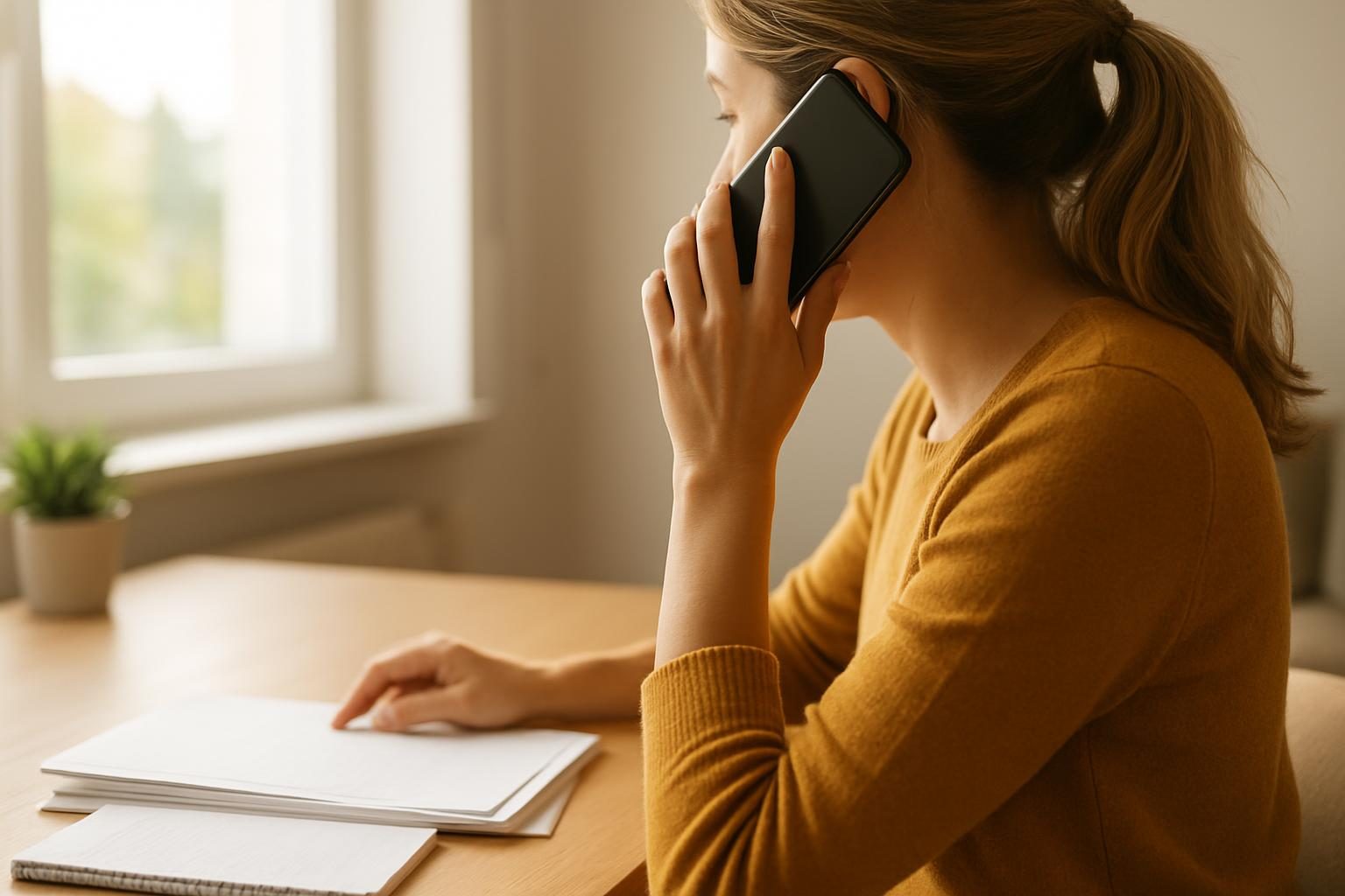 Person making a phone call to a billing office with notes and paperwork on a desk