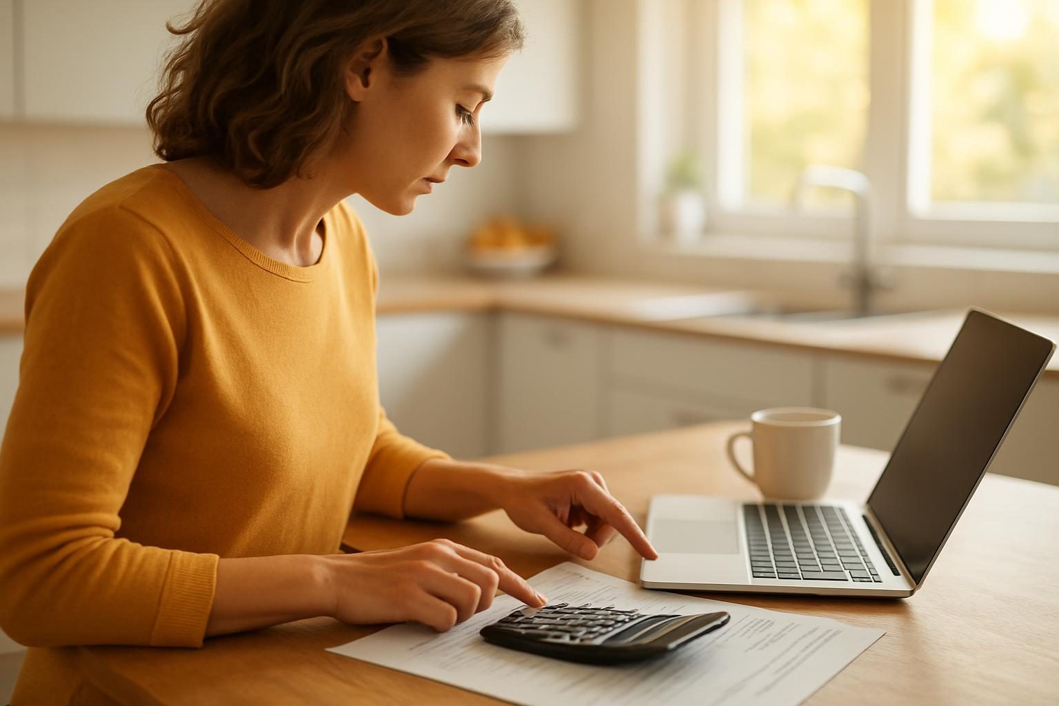 Person at a kitchen table comparing HSA vs FSA options with a medical bill and calculator