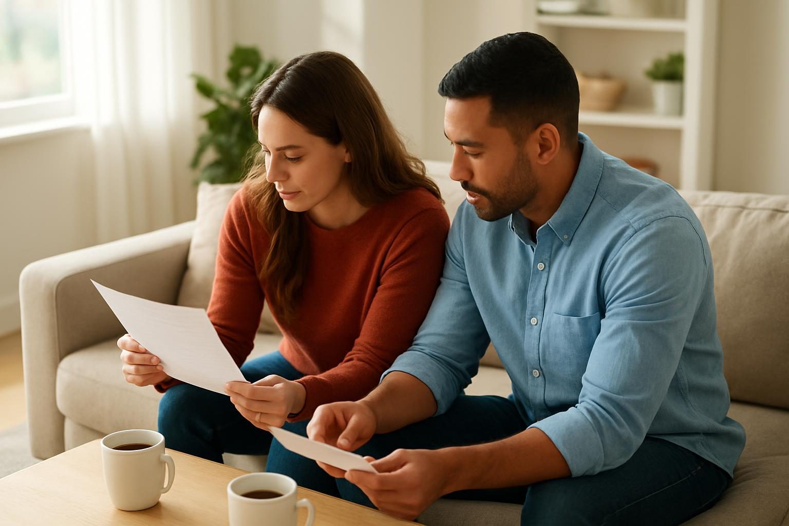 Couple reviewing open enrollment paperwork on a sofa