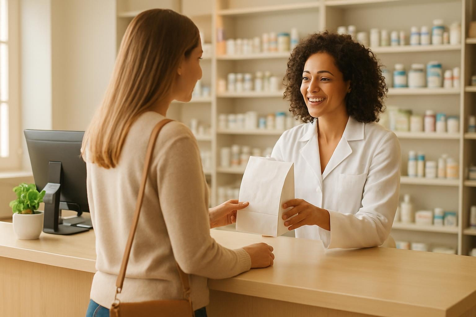 Customer at a pharmacy counter picking up a prescription