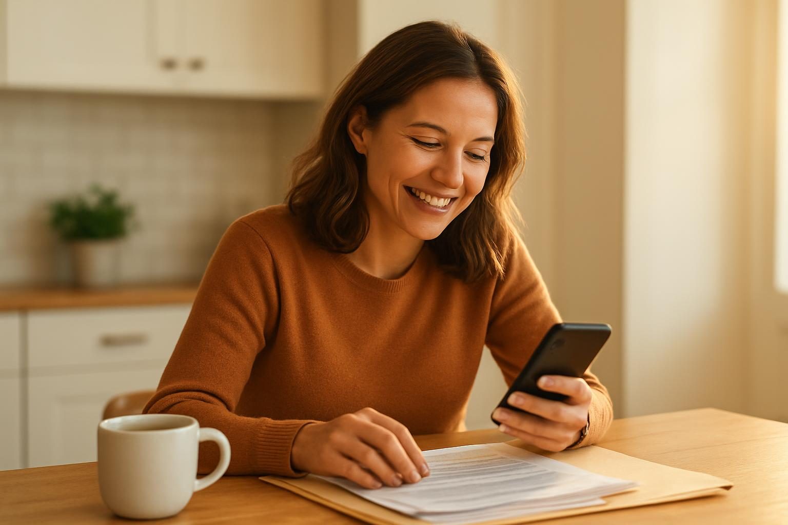 Woman at a kitchen table reviewing paperwork to apply for the Lifeline program for discounted phone service