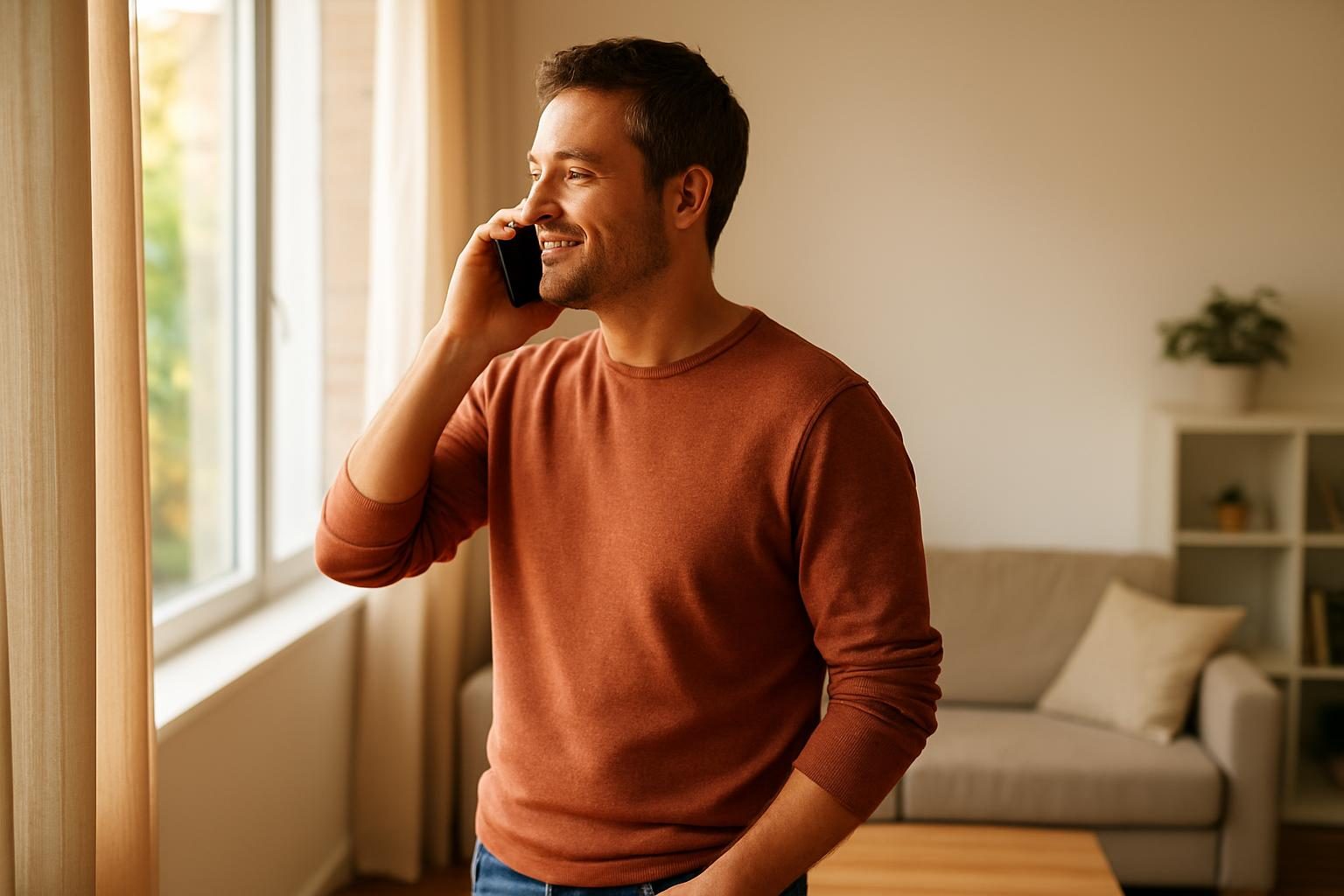 Man talking on a phone by a window at home