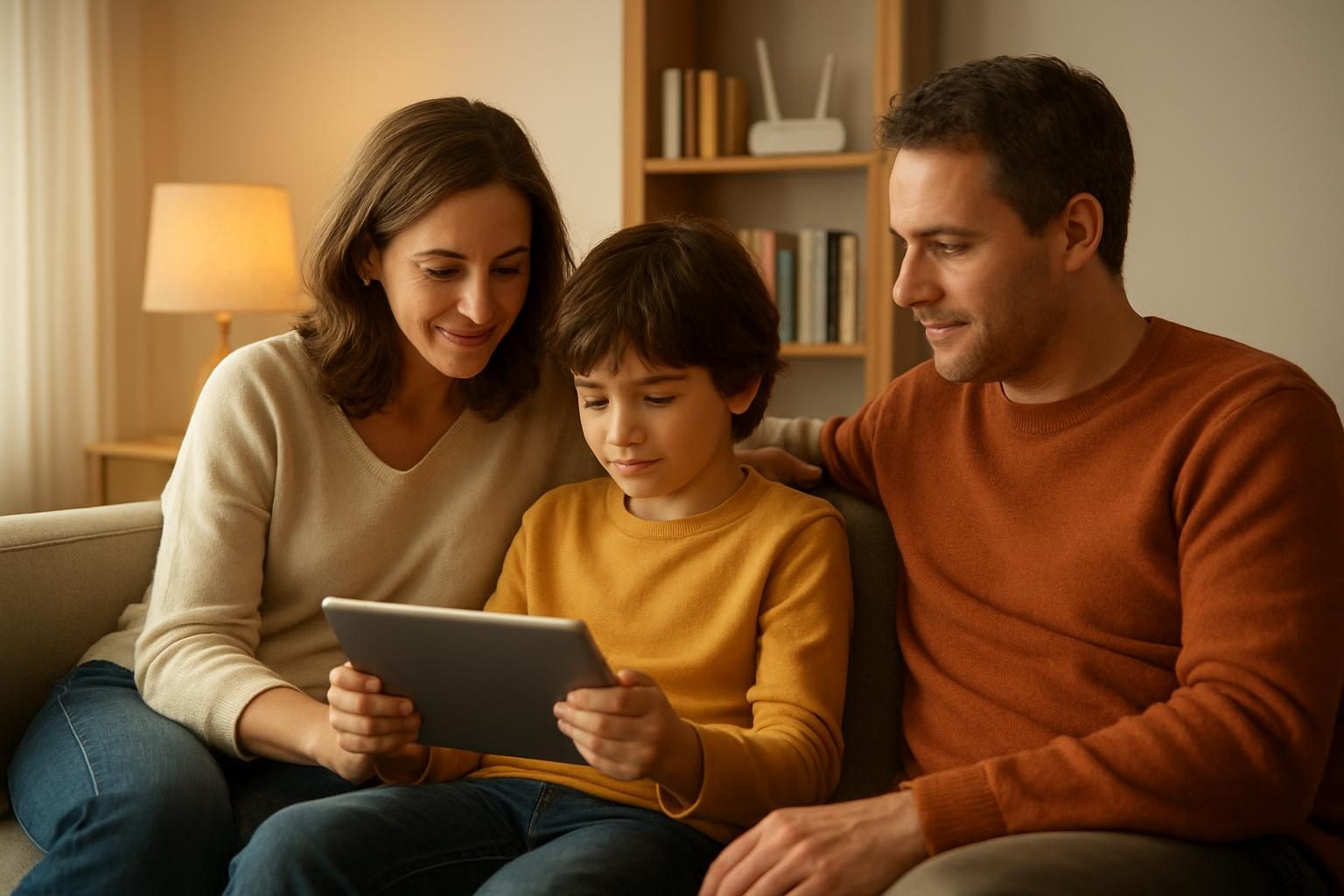 Family using home internet on a tablet on a living room sofa