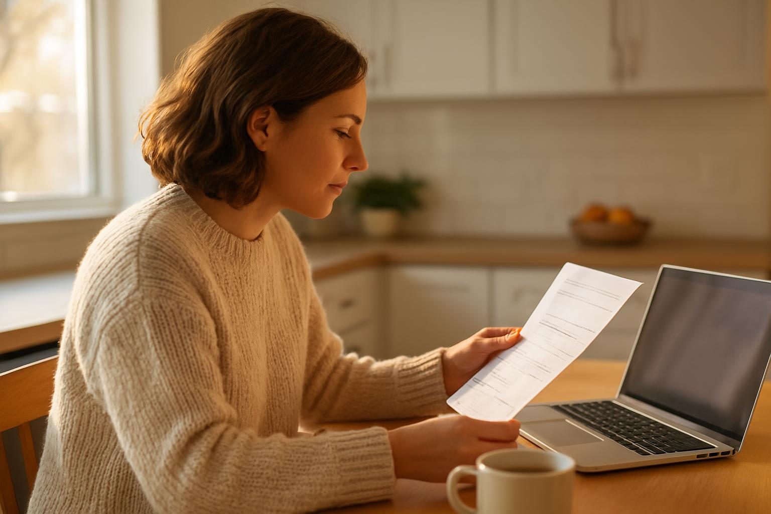 Woman at kitchen table reviewing a utility bill while looking into LIHEAP energy assistance