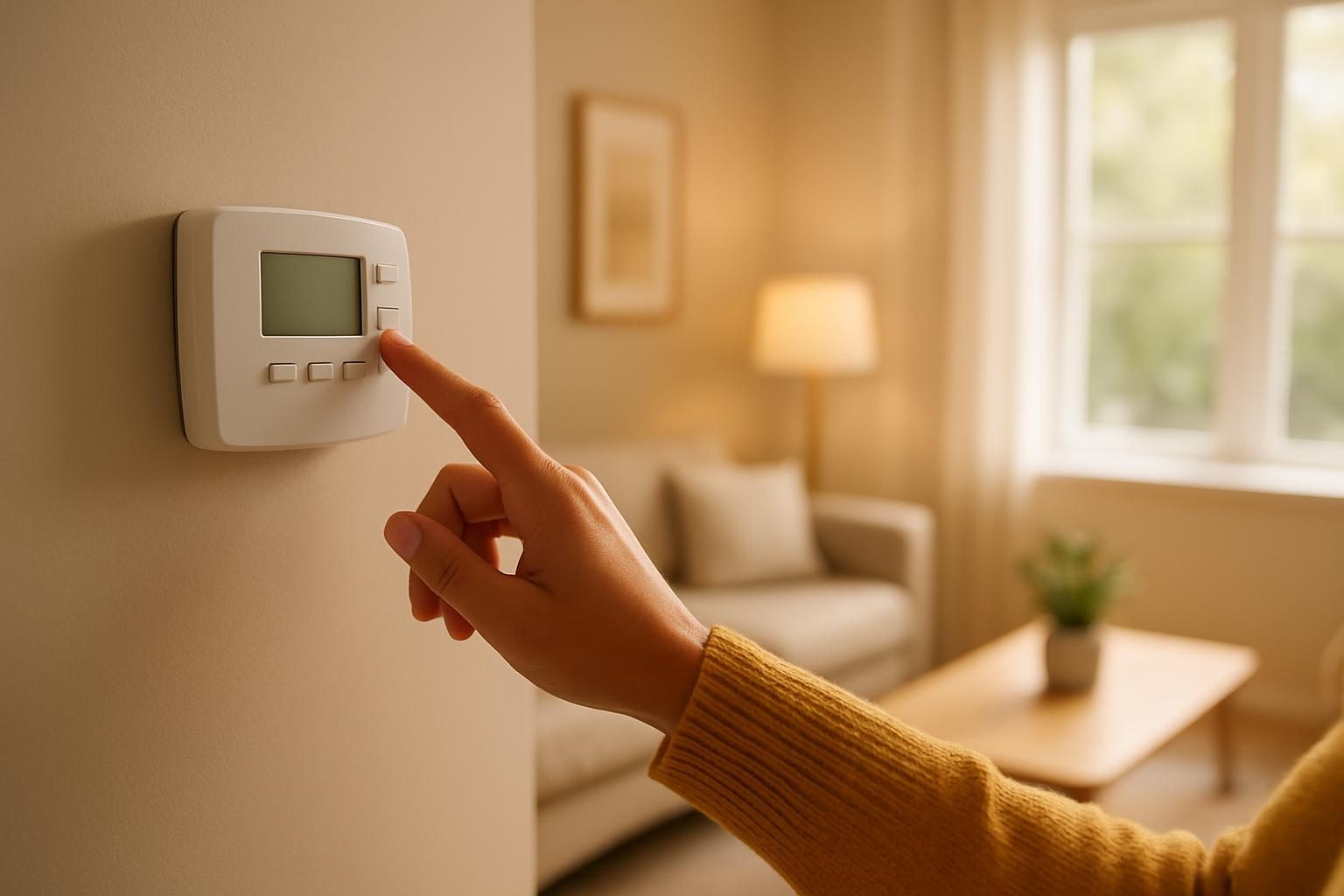 Hand adjusting a thermostat to lower home heating costs
