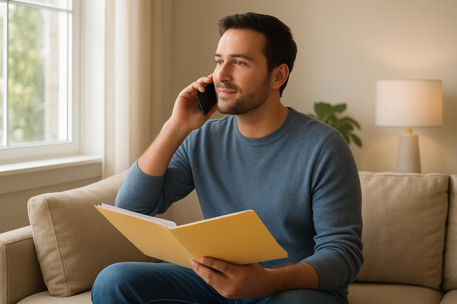 Man on a phone call by a window applying for energy bill assistance