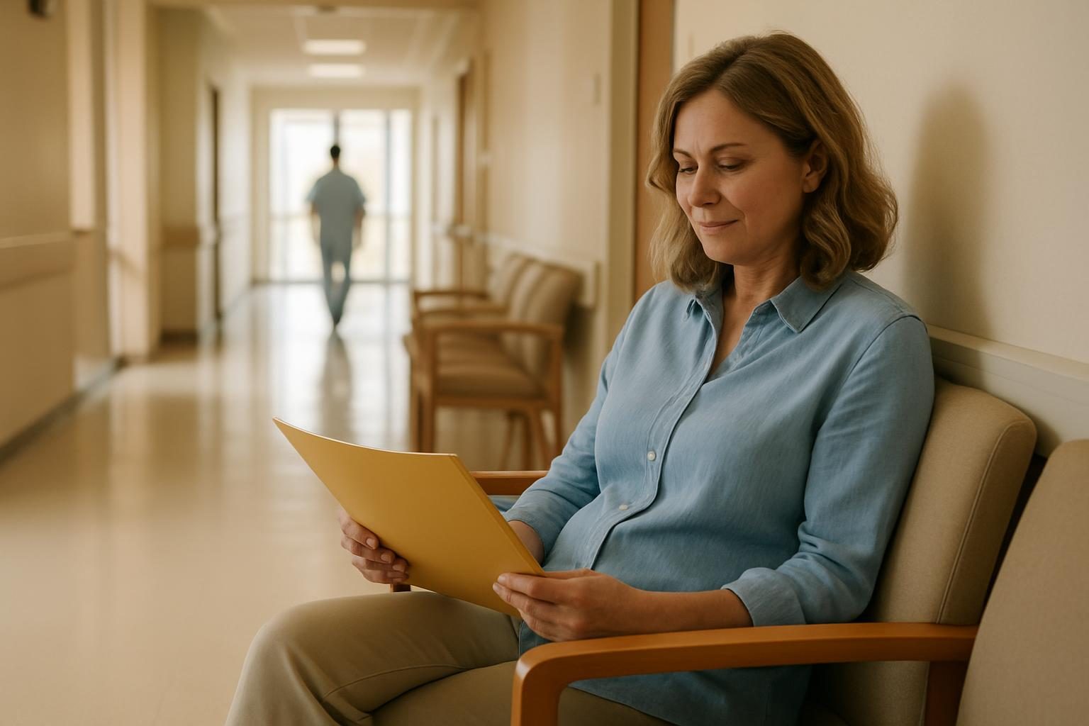Patient in a hospital waiting area holding paperwork
